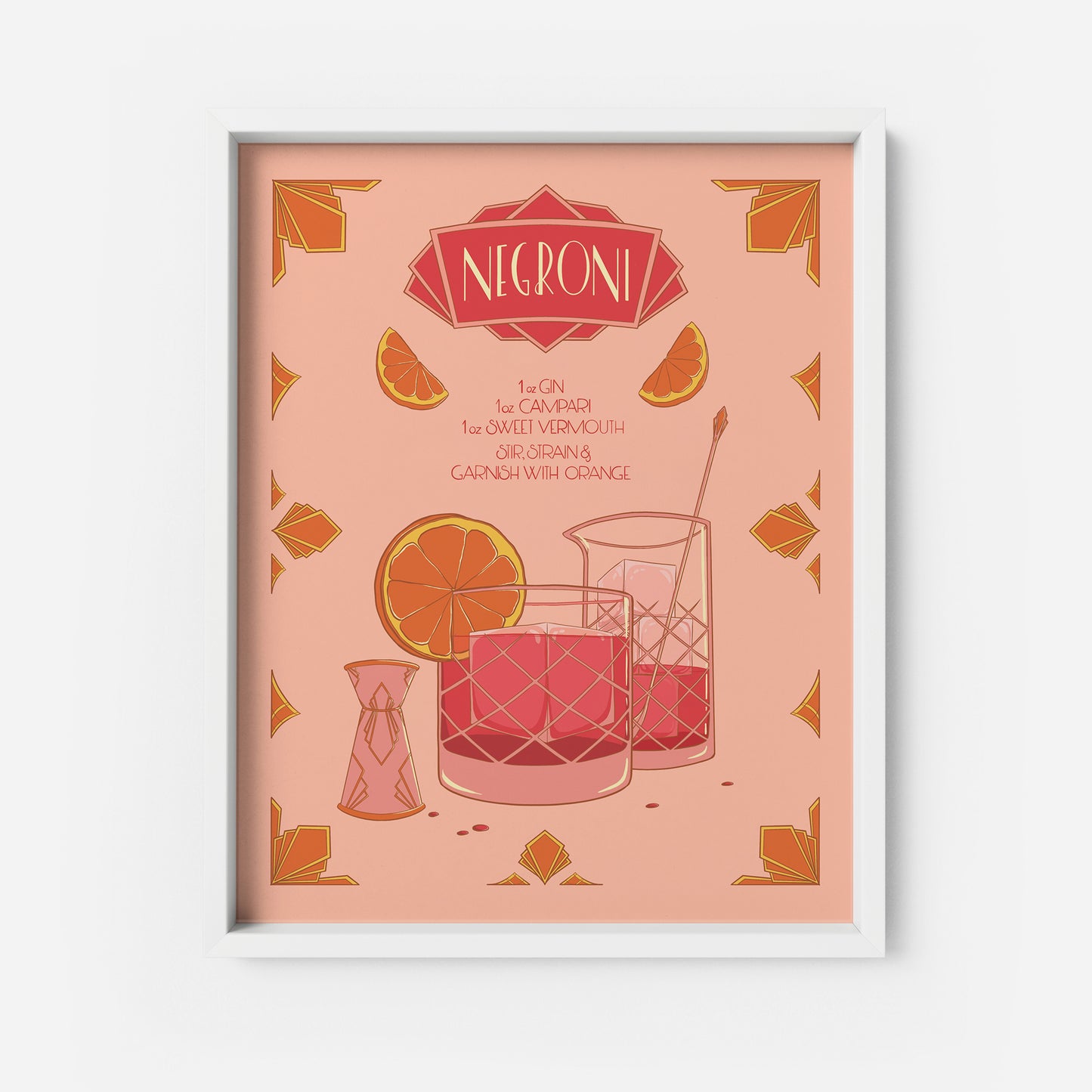 A pink and orange art-deco inspired, hand-lettered illustrated recipe of a Negroni features a glass of the drink itself, a mixing glass, a jigger, and art deco flourishes. The artwork appears in a white frame.