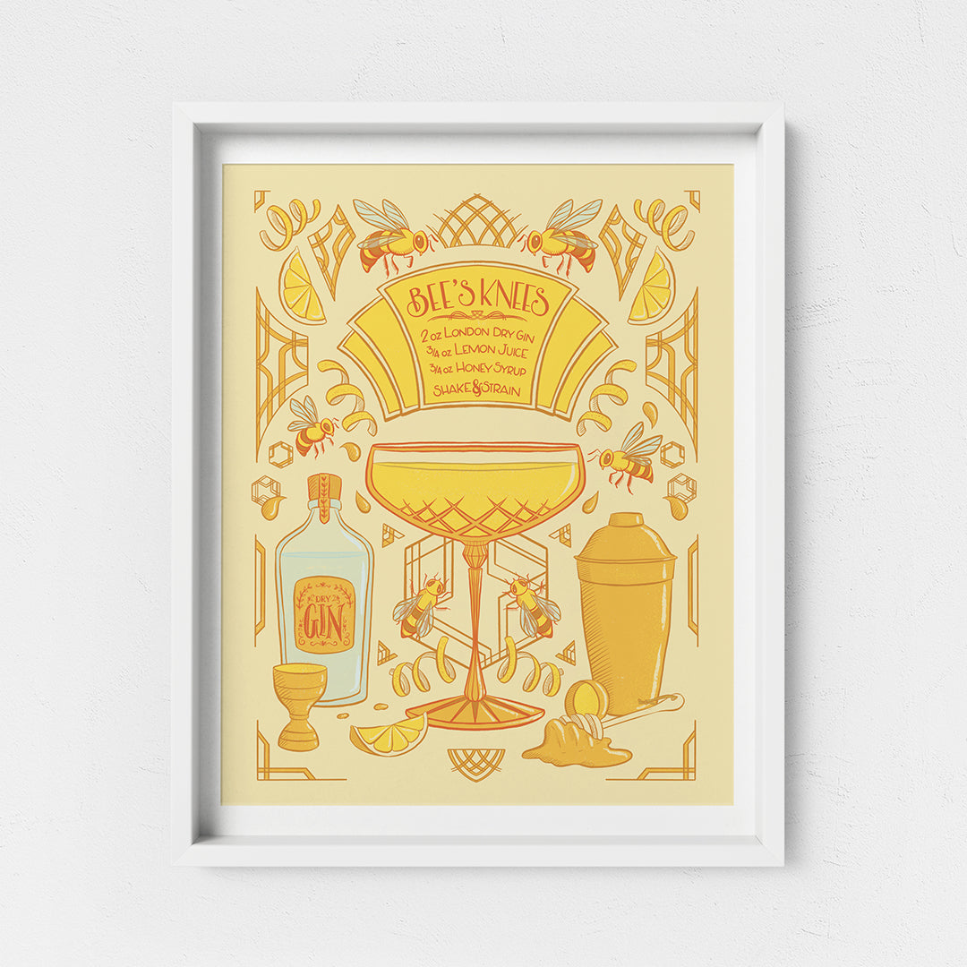 Bee's Knees Hand-Lettered Illustrated Art Deco Cocktail Recipe 8x10 Art Print
