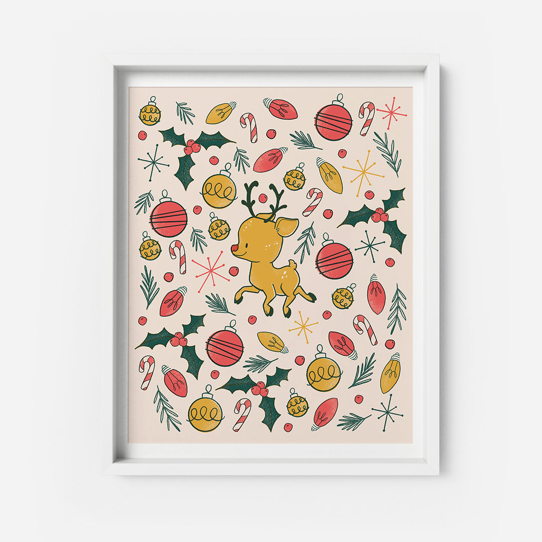 Midcentury Reindeer Christmas Art Print