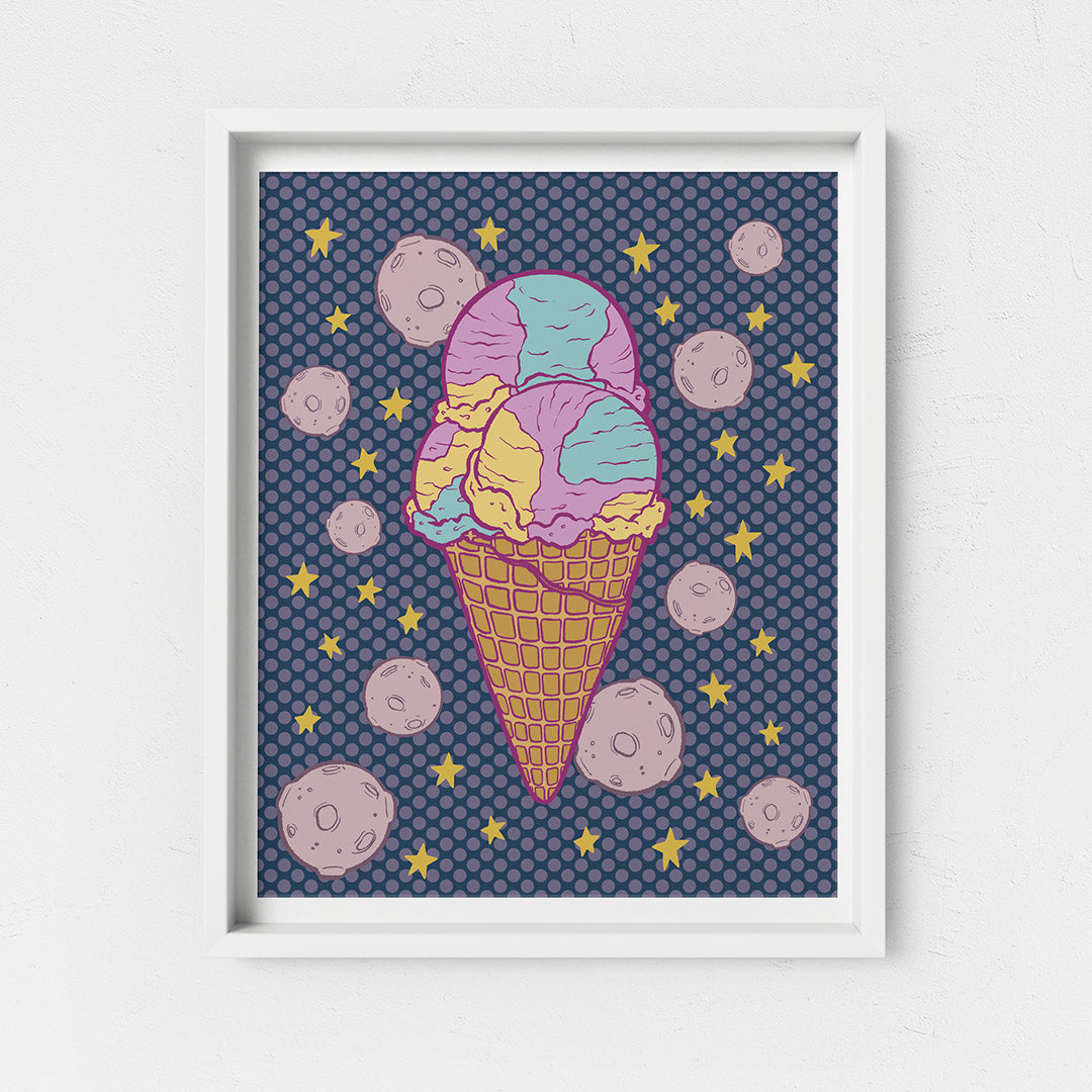 An illustration of a purple, blue, and yellow triple scoop ice cream cone is flanked by stars and moons on a purple polka dot background. The print is in a white frame on a white background.