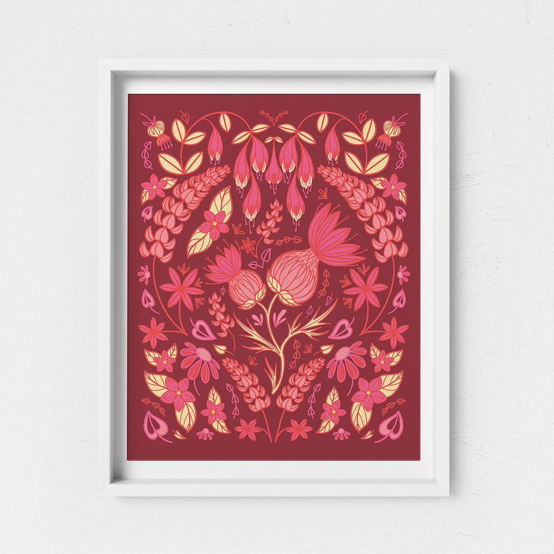 Pink Thistles, Lupines and Haskap Blossoms Folk Floral 8x10 Art Print