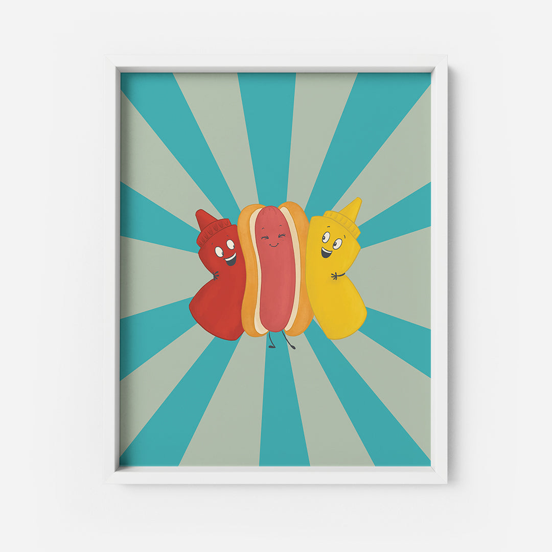 An art print shows cartoon ketchup, mustard, and hot dog in a bun on a blue background. it is in a white frame on a white background.