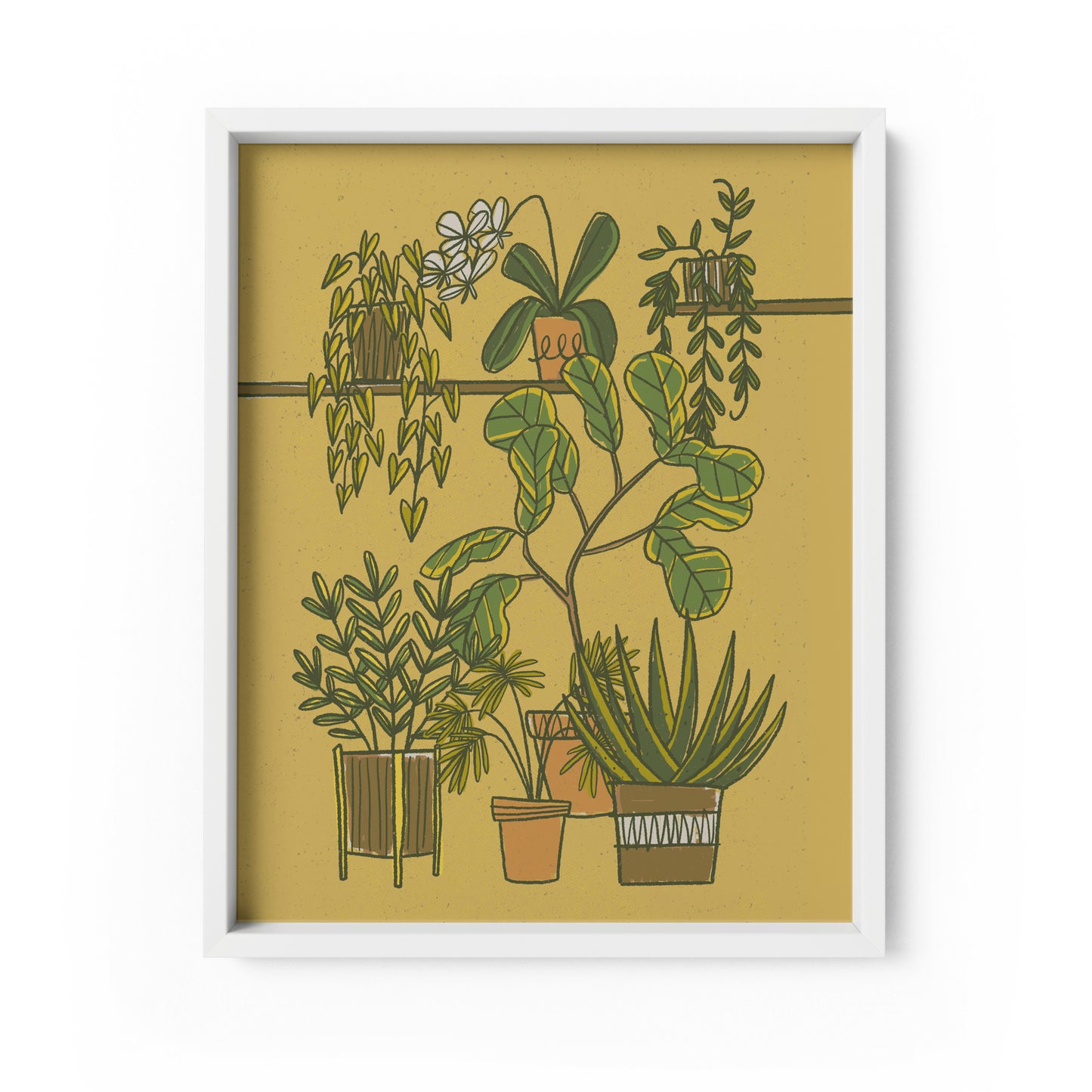 A micentury modern-inspired illustration of potted plants on shelves including aloe, jade and fiddle-leaf fig. The illustration features a mustard yellow background. The print is in a white frame on a white background.