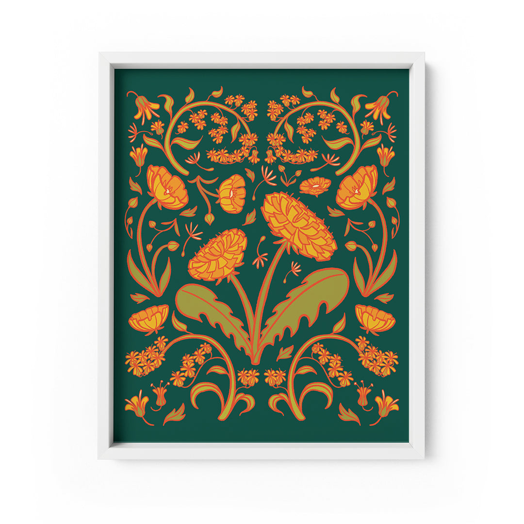 A yellow and green illustration with dandelions at the centre and buttercups, goldenrod and dandelion seeds surrounding them in a folk art-inspired composition. The print is in a white frame on a white background.