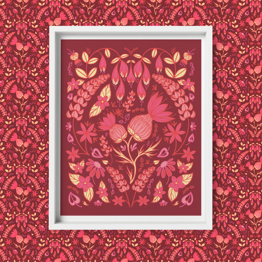 Pink Thistles, Lupines and Haskap Blossoms Folk Floral 8x10 Art Print
