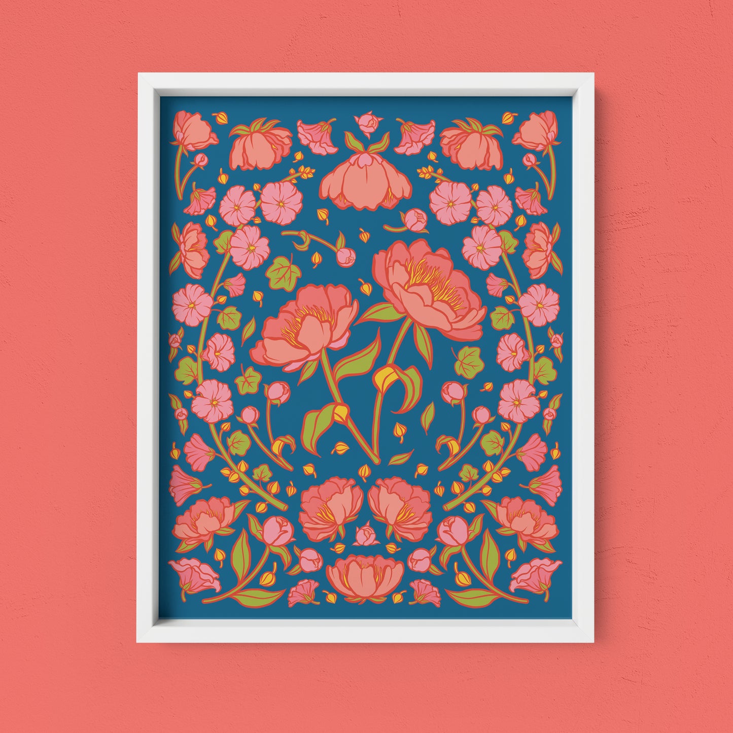 Pink Peonies and Hollyhock Blossoms Folk Floral 8x10 Art Print