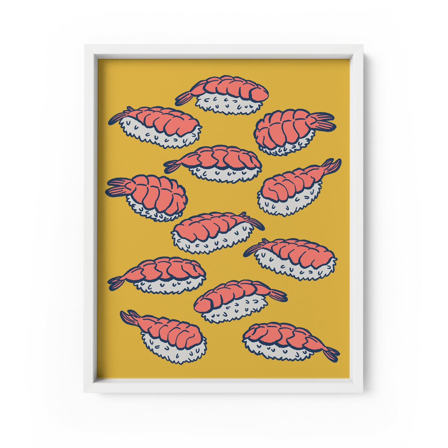 An art print shows bright pink shrimp on white rice outlined in navy blue against a yellow background. The print is in a white frame on a white background.