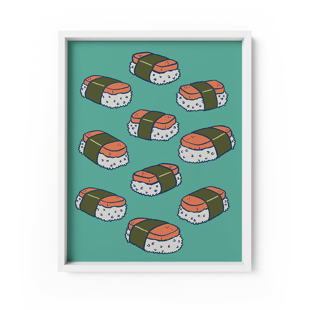 An art print shows a cluster of musubi-style sushi on a turquoise background. The print is in a white frame on a white background.