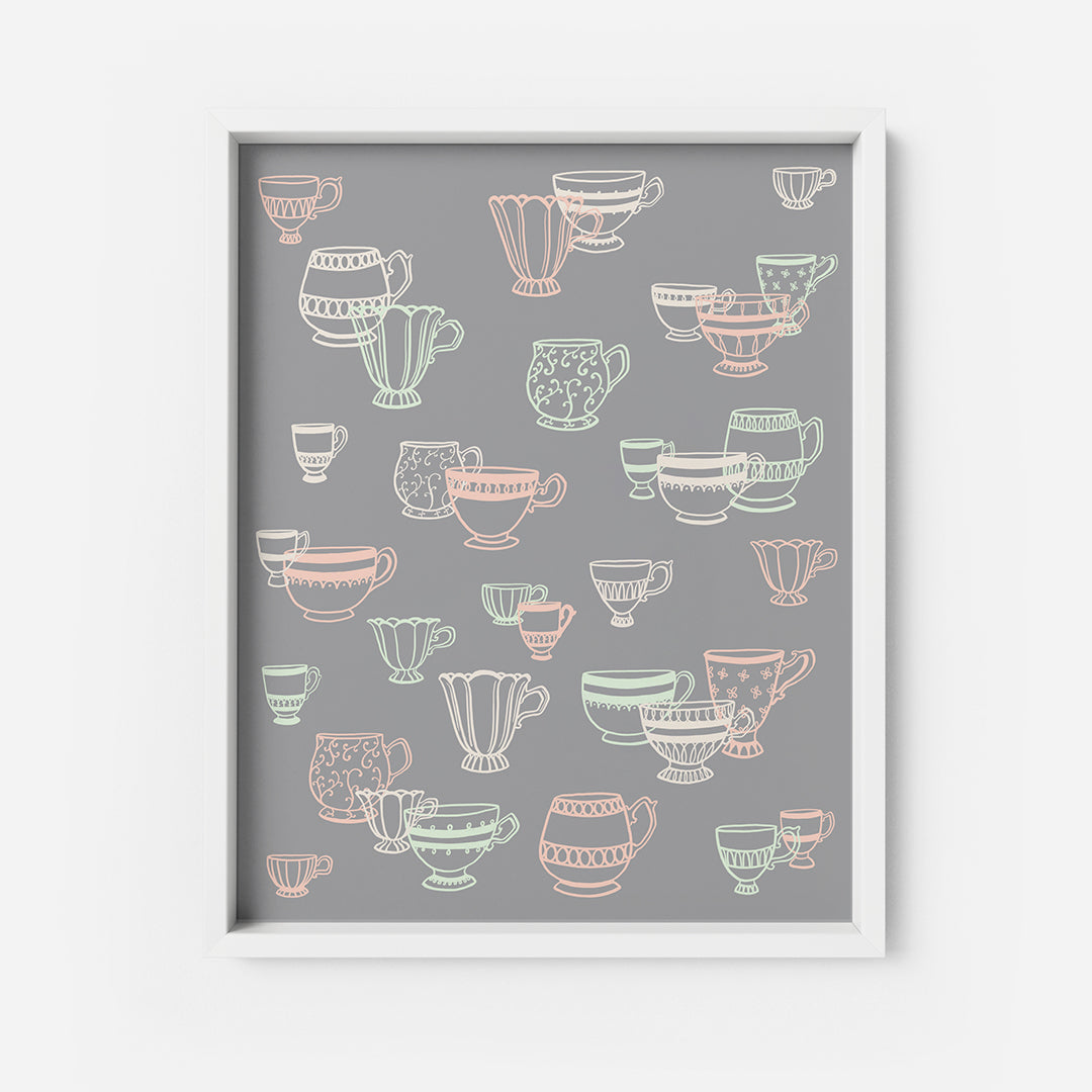 Teacups Scatter on Grey 8x10 Art Print
