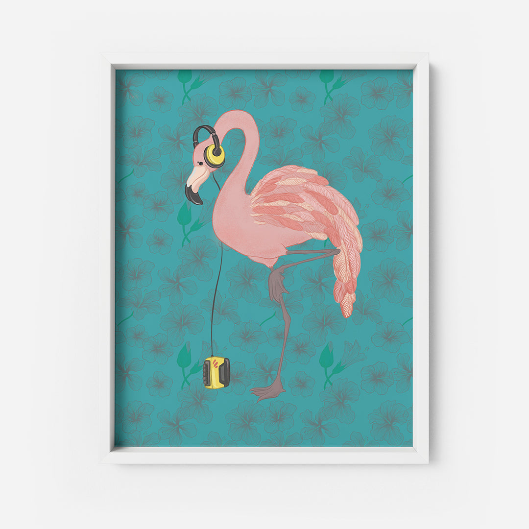 Walkman Flamingo and Hibiscus Flowers 8x10 Art Print