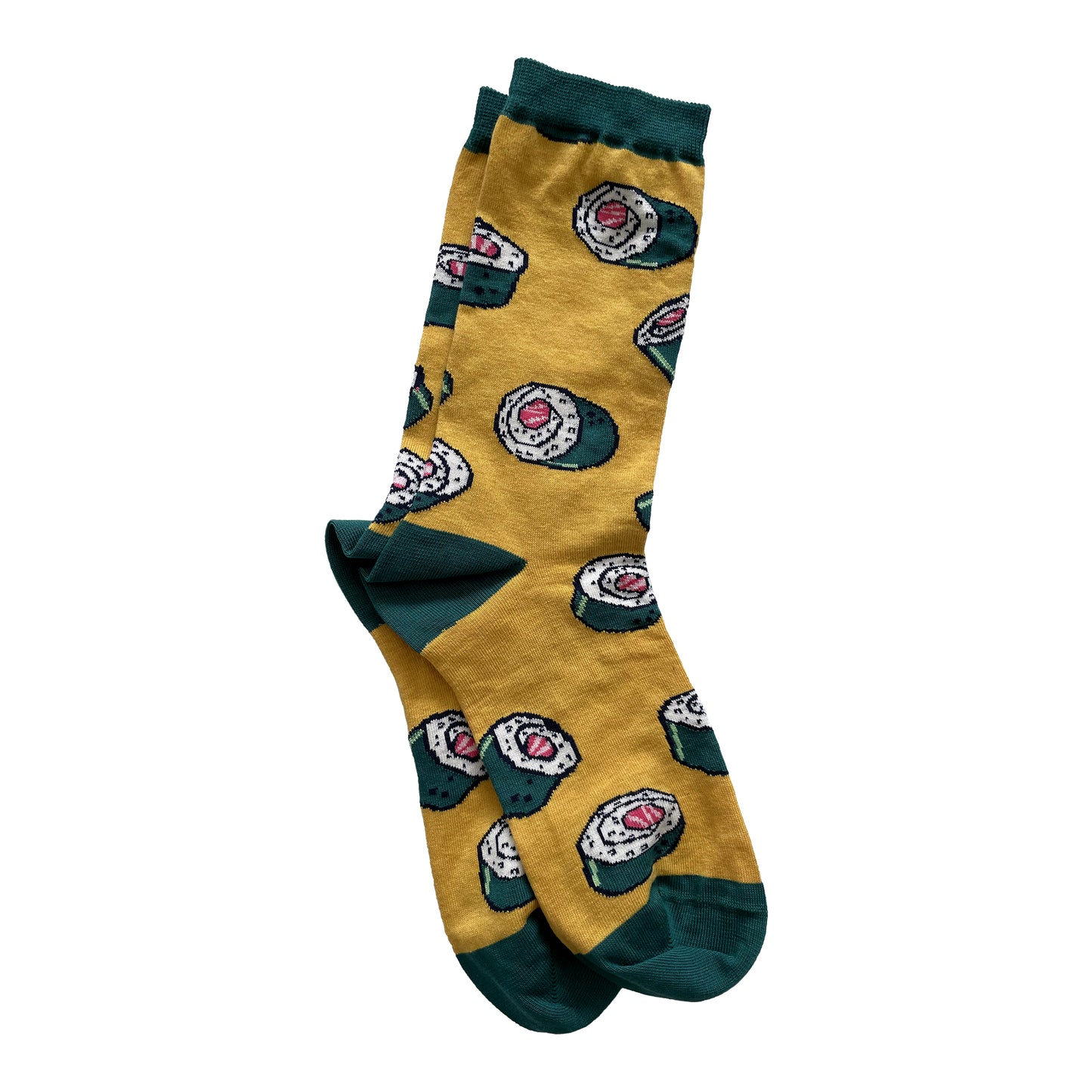 A pair of yellow socks patterned with seaweed-wrapped sushi rolls with green cuffs, heels and toes is shown on a white background.