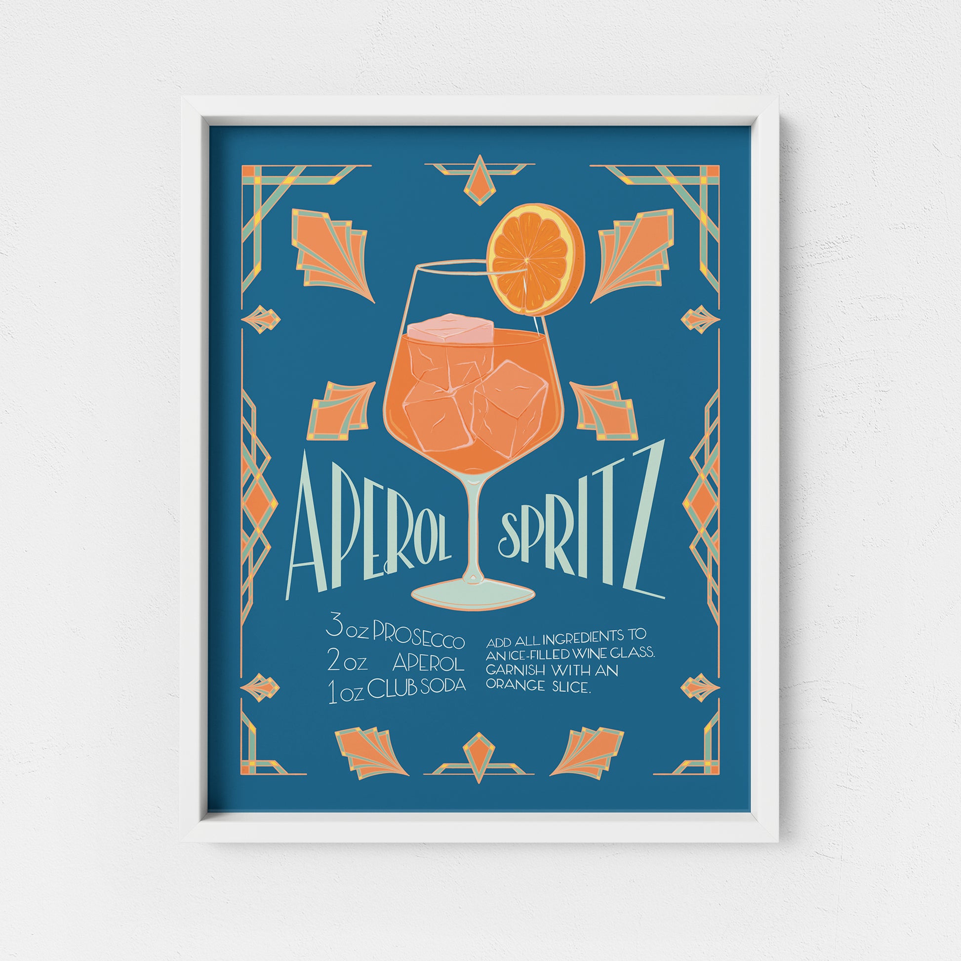 A poster of a blue and yellow Aperol Spritz recipe is in a frame against a wall.
