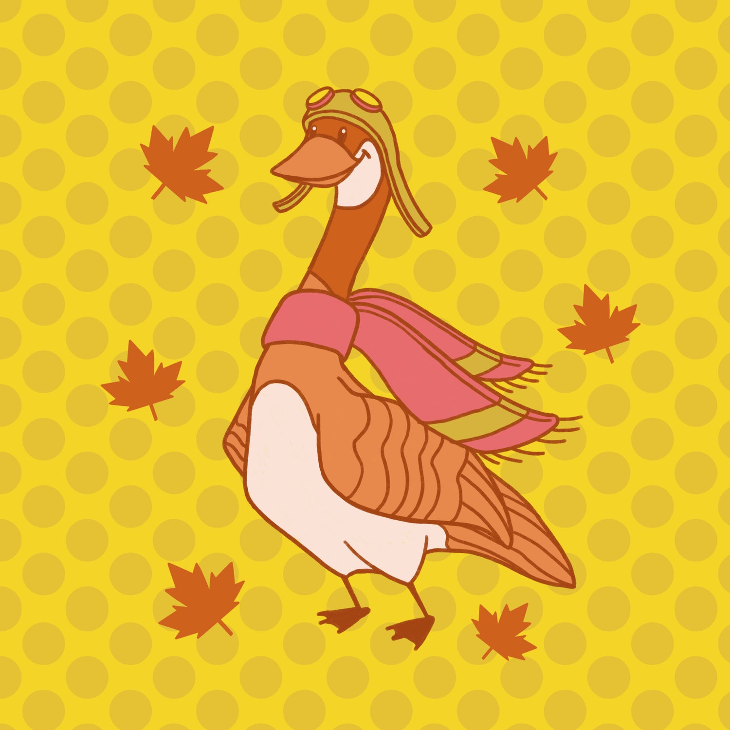 A Canada goose is dressed in pilot headgear and a scarf. It is surrounded by maple leaves and is on a yellow polka dot background.
