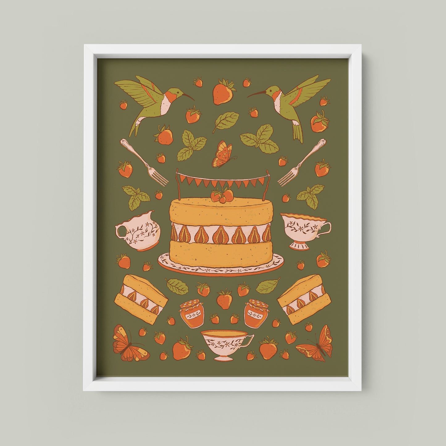 An illustration of cake, tea, strawberries, mint, hummingbirds and butterflies is rendered in a palette of orange and green on a green background. The print appears framed in a white frame.