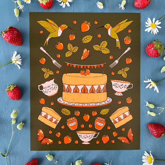 An illustration of cake, tea, strawberries, mint, hummingbirds and butterflies is rendered in a palette of orange and green on a dark background and sits among strawberries and wildflowers.