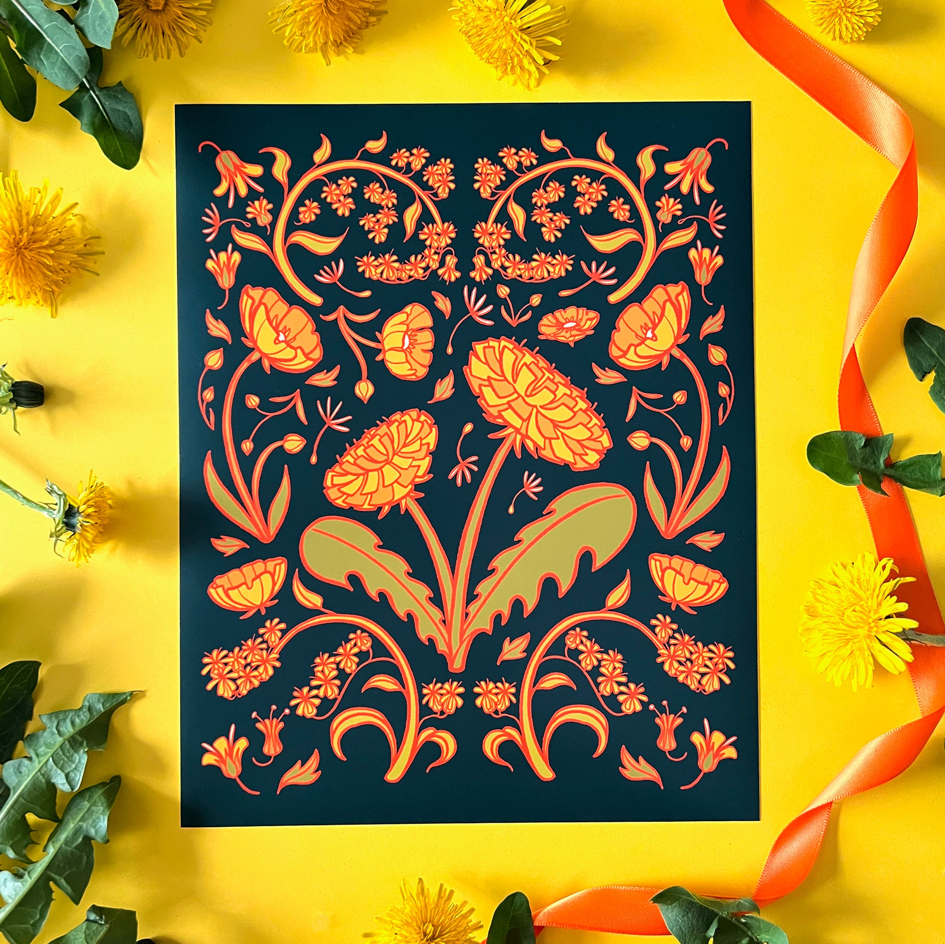 A folk floral illustration of dandelions, buttercups and goldenrod is on yellow with dandelions and ribbon.