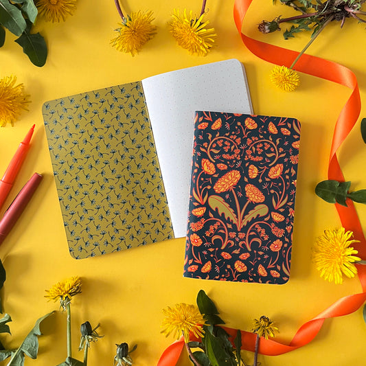 A dandelion-patterned pocket notebook is on top of another notebook open to dot grid pages. It is on yellow surrounded by dandelions.