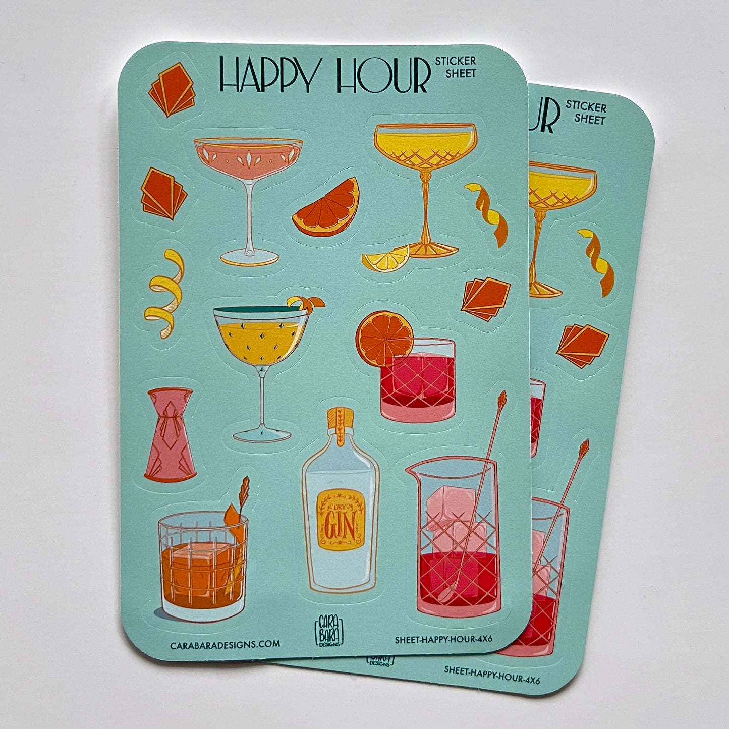 Two art deco cocktail-themed sticker sheets are on a white background.