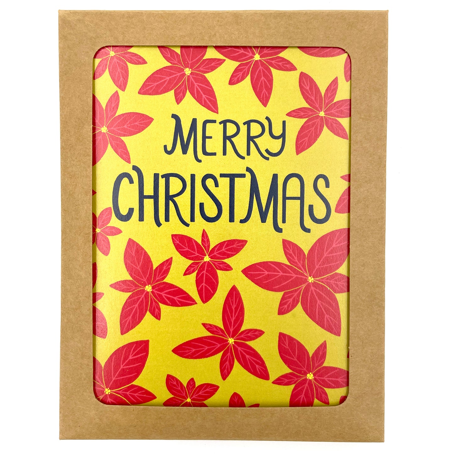 A bright green card features a pattern of bright red poinsettias and the words Merry Christmas in navy in the upper third. The card shows through a window in a kraft paper card box.