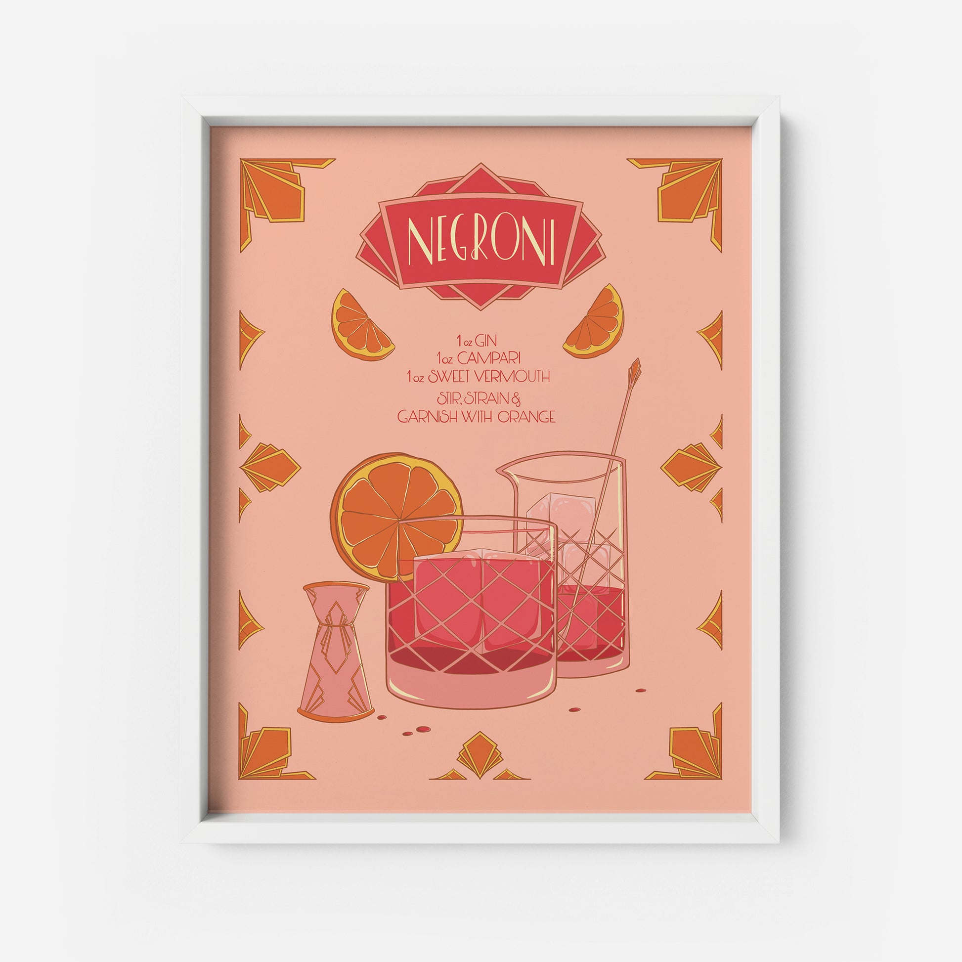A pink and orange art-deco inspired, hand-lettered illustrated recipe of a Negroni features a glass of the drink itself, a mixing glass, a jigger, and art deco flourishes. The artwork appears in a white frame.