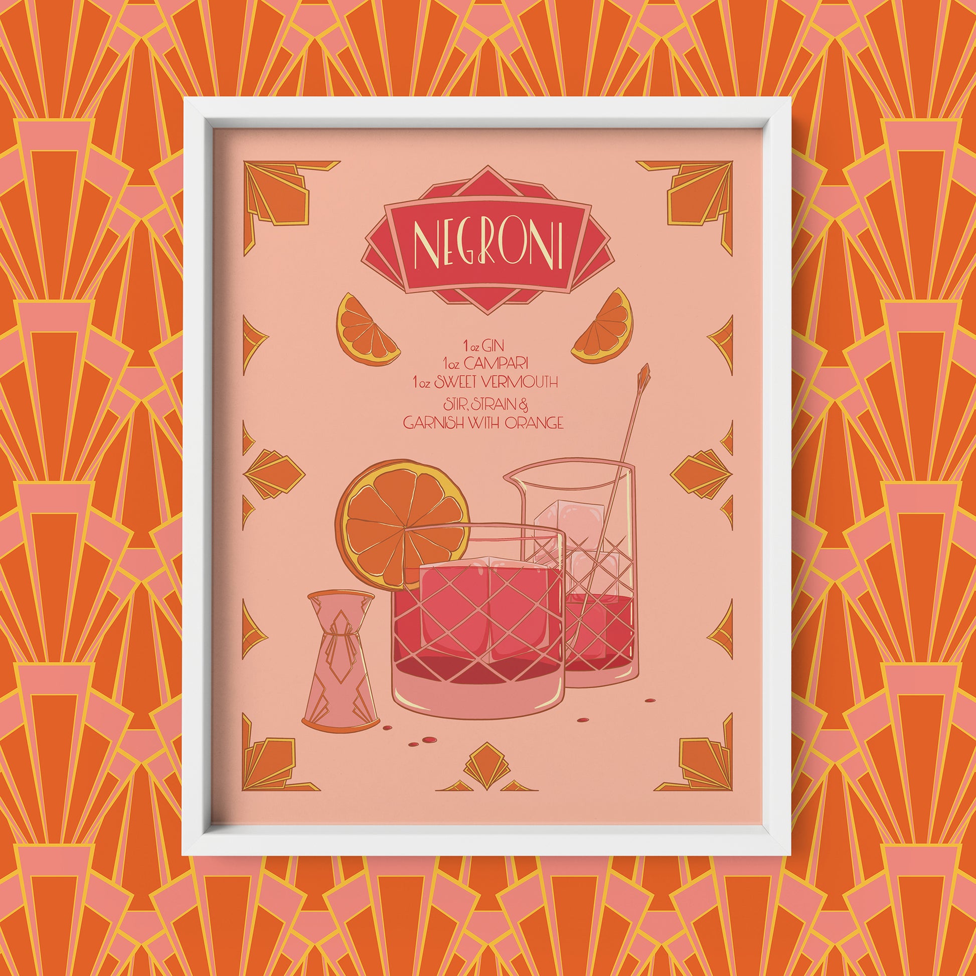 A pink and orange art-deco inspired, hand-lettered illustrated recipe of a Negroni features a glass of the drink itself, a mixing glass, a jigger, and art deco flourishes. The artwork appears in a white frame against an orange and pink art deco pattern.