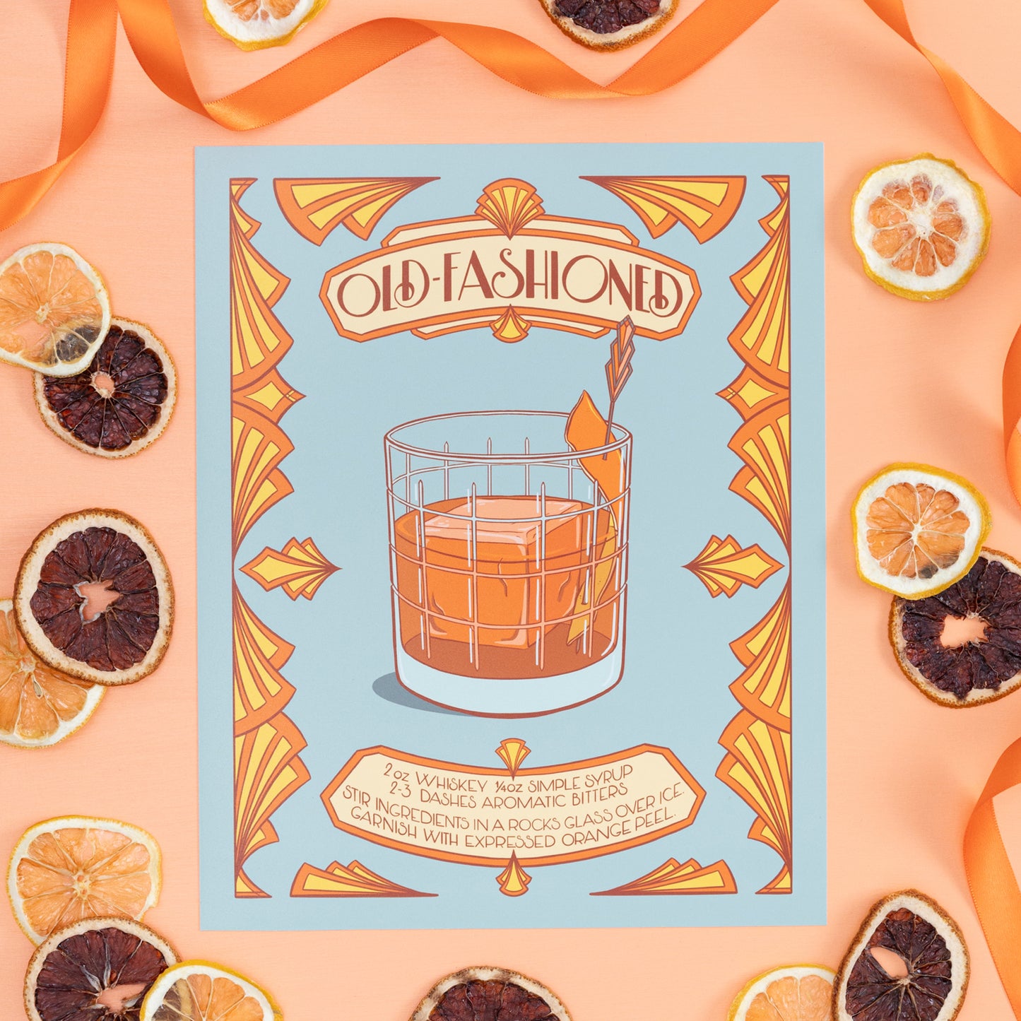 An illustrated recipe for an old-fashioned cocktail is on an orange background with citrus slices and ribbon.