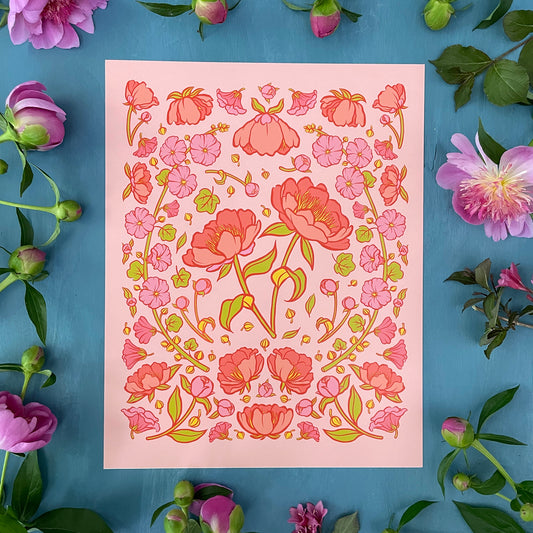 A folk floral-inspired illustration of pink peonies and hollyhocks on a pale pink background is surrounded by blooming peony blossoms.