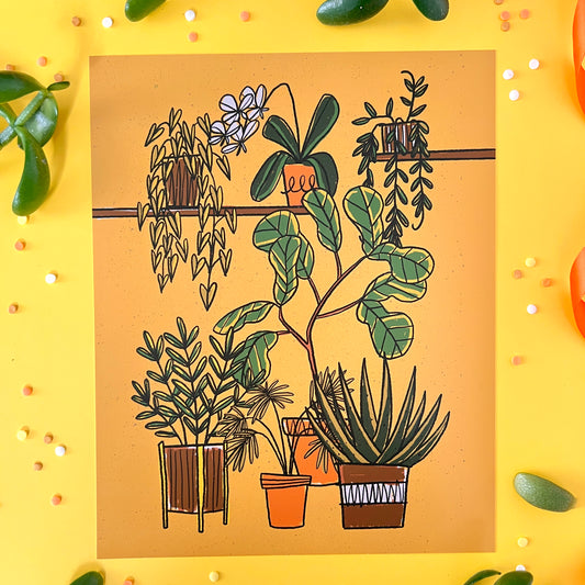 A retro potted plants illustration is on yellow with leaves and confetti.