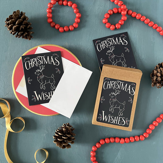 Navy Christmas reindeer greeting cards appear on a festive blue background with red beads, gold ribbon, and pinecones.
