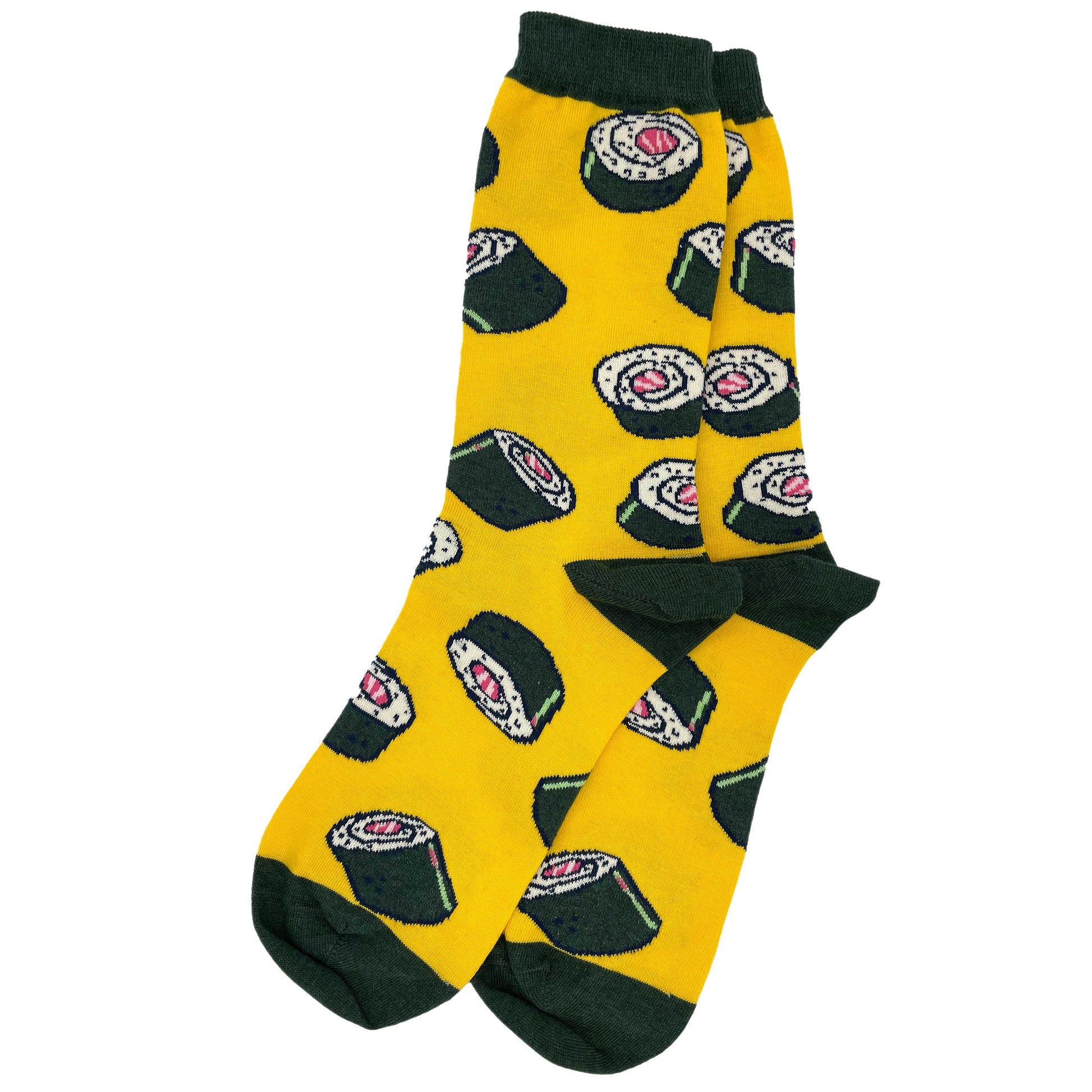 A pair of bright yellow socks patterned with sushi rolls lie flat against a white background. The welt, heel and toe of each sock are dark green to match the seaweed in the sushi rolls.
