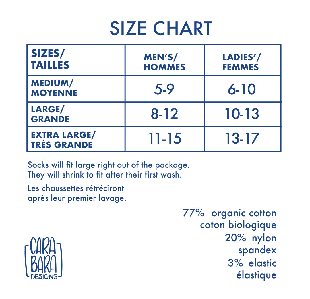 A size chart in blue ink showing that medium fits men's shoe sizes 5-9 and ladies 6-10, large fits men's 8-12 and ladies 10-13, and extra large fits men's 11-15 and ladies 13-17. Socks are organic cotton, nylon and spandex and will fit after washing.