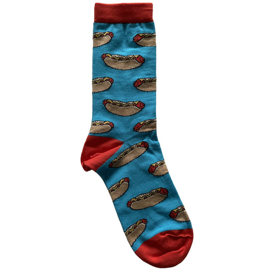 A pair of blue socks is patterned with mustard-dressed hot dogs and has red toes, heels and cuffs.