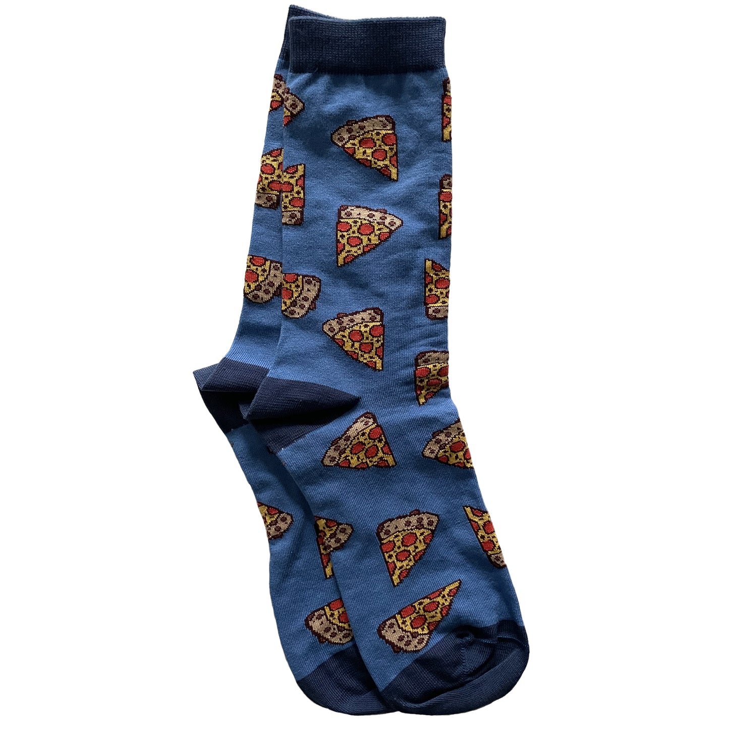 A blue pair of socks with darker blue heels, toes and cuffs is patterned with slices of pepperoni pizza.