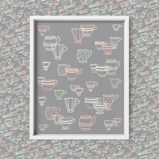Teacups Scatter on Grey 8x10 Art Print