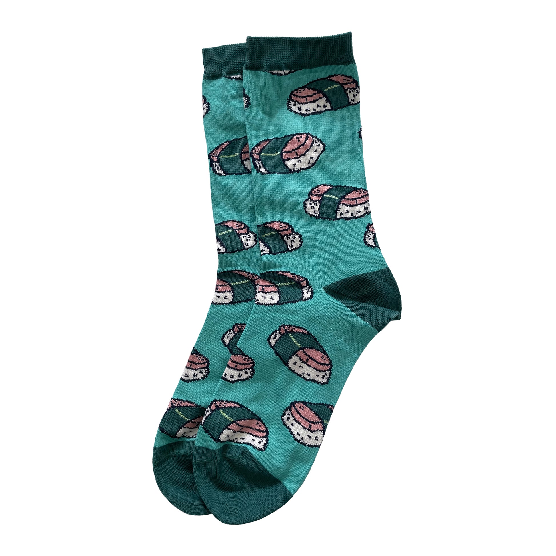 A pair of turquoise socks with green cuffs, toes and heels is patterned with pink and green musubi-style sushi.