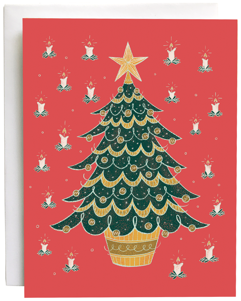 A red card features a midcentury-style bushy evergreen tree in a pot covered in baubles and garland, around which is a pattern of lit candles. The card is against a white envelope on a white background.